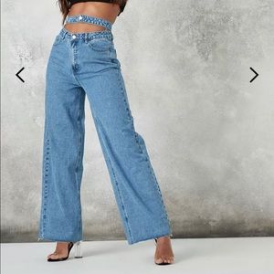 blue double waistband wide straight leg jeans
